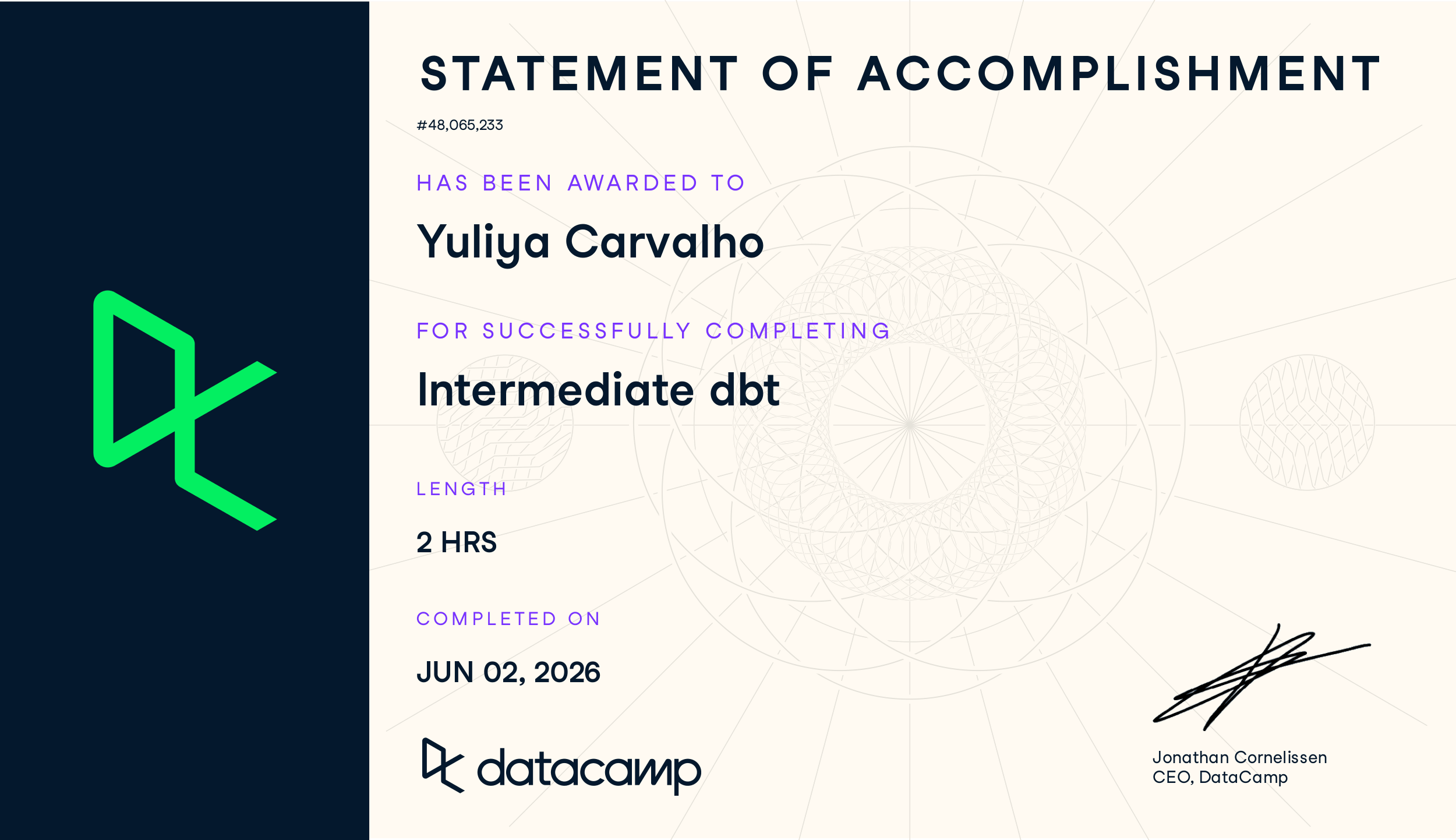Intermediate dbt certificate preview